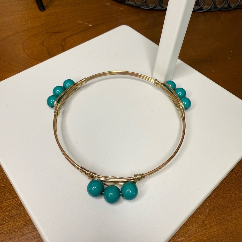 Vintage MADEIRA GEMSTONE BANGLE BRACELET Gold and Turquoise Beaded Bracelet - Picture 3 of 6